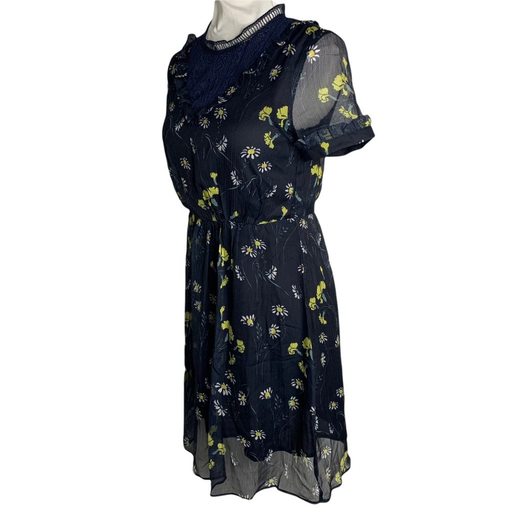 EzPopsy Floral Skater Dress S Blue Sheer Lined Lace Side Zip Elastic Waist 26PE - Picture 5 of 5